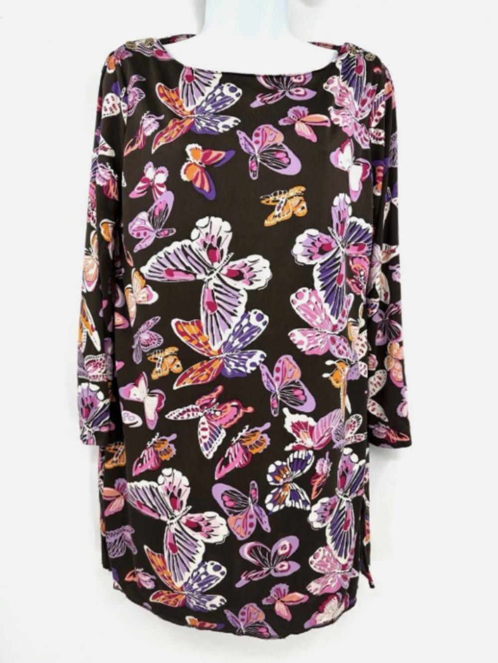 Tory Burch Brown 100% Silk Colorful Butterfly 3/4 Sleeve Tunic Top Size XS